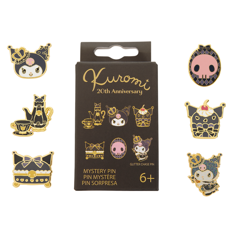 Image of the Kuromi 20th anniversary mystery box pins surrounding the black box they come in against a white background. 